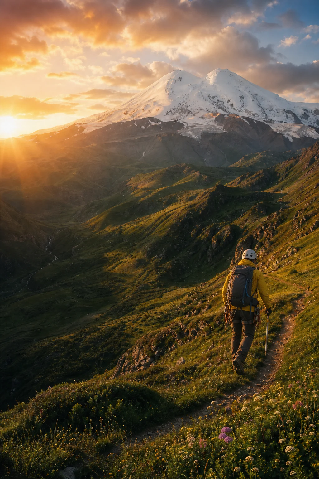A mountaineer climbing toward Mount Elbrus above green summer valleys