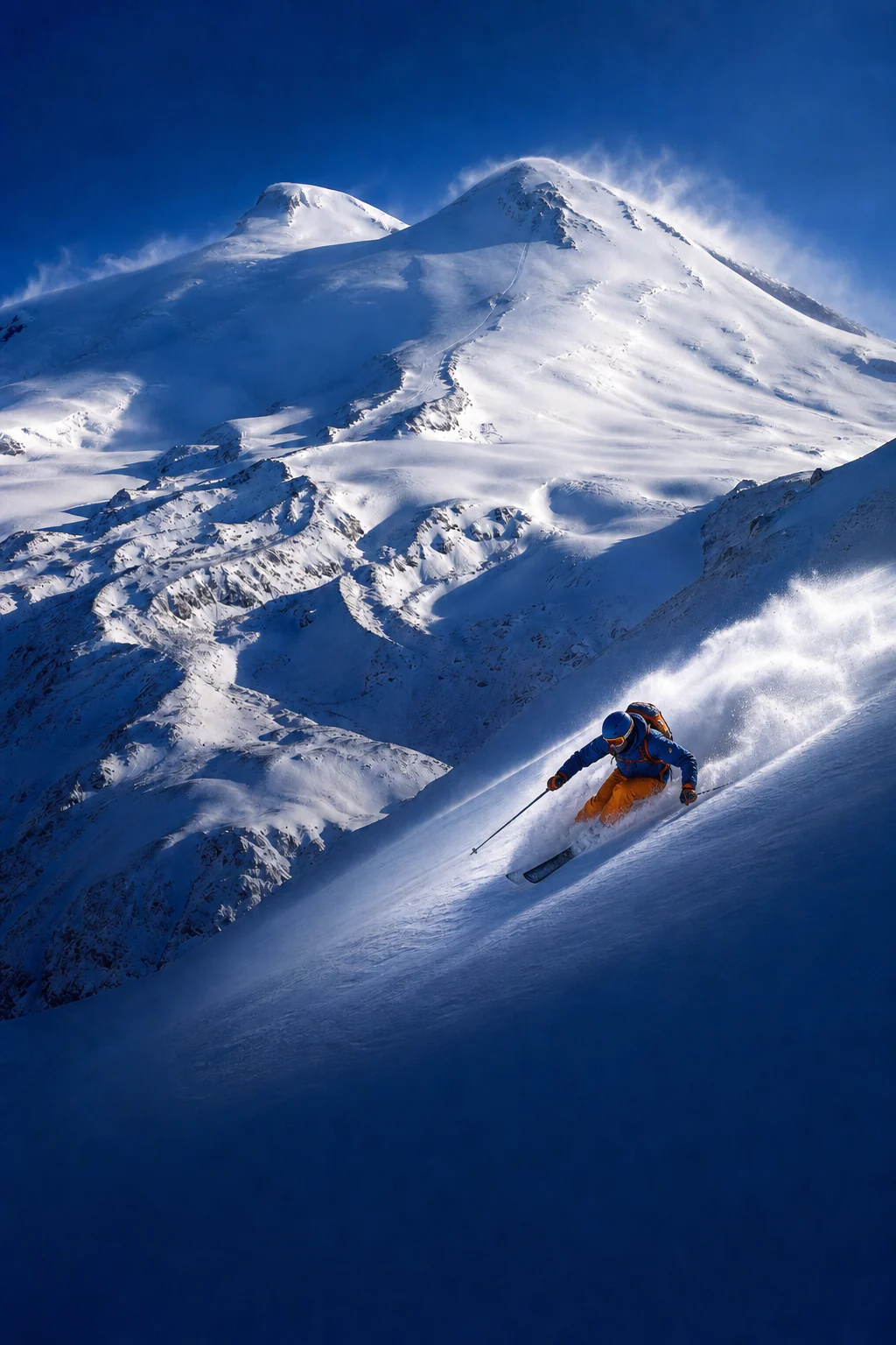 A skier carving a snowy slope below the winter summit of Mount Elbrus