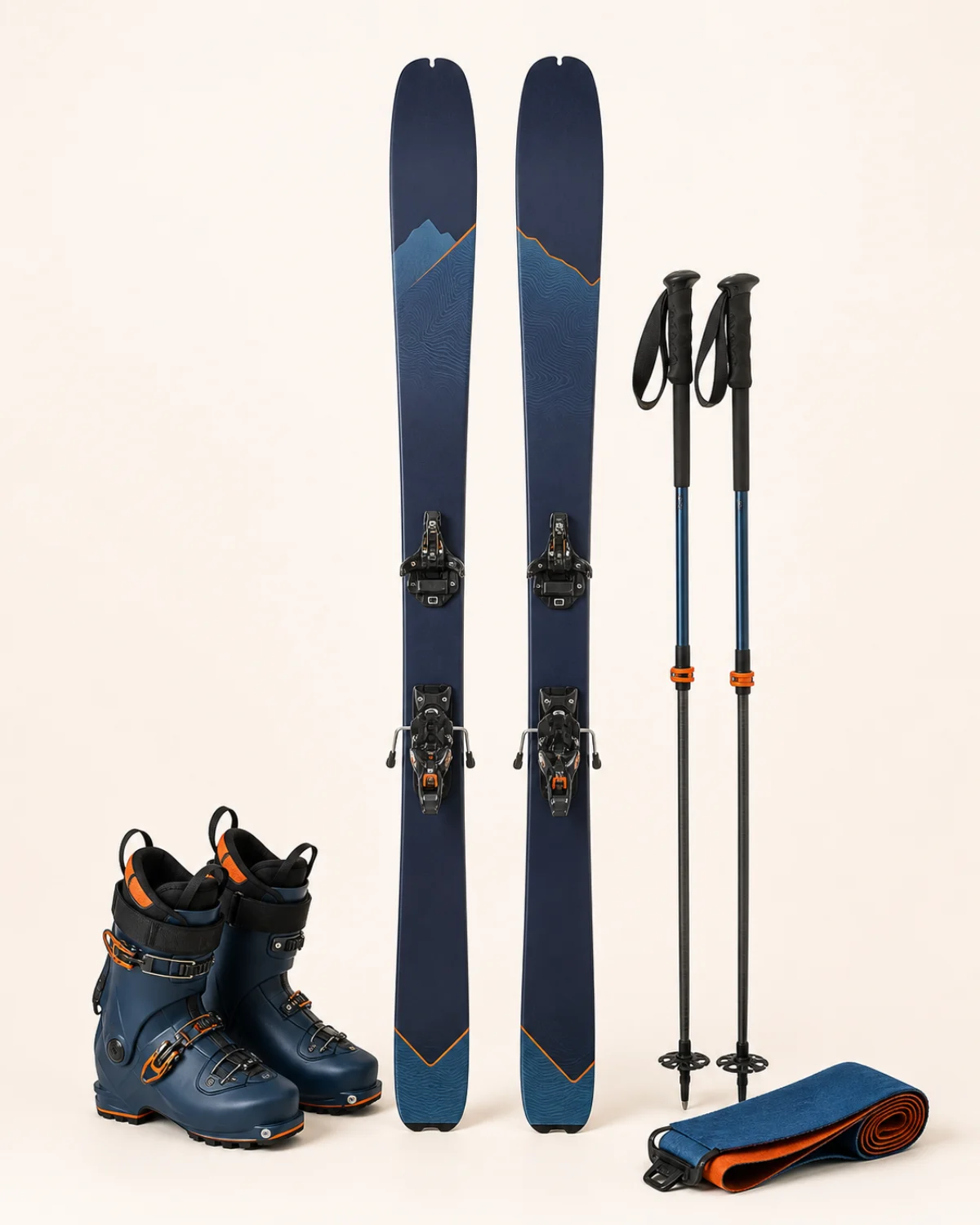 Representative image of ski-touring set with skis, boots, poles and climbing skins for Mount Elbrus rental